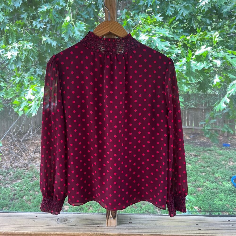 J.Crew Women's Smocked Dot Crinkle Chiffon Top Dark Red Size M